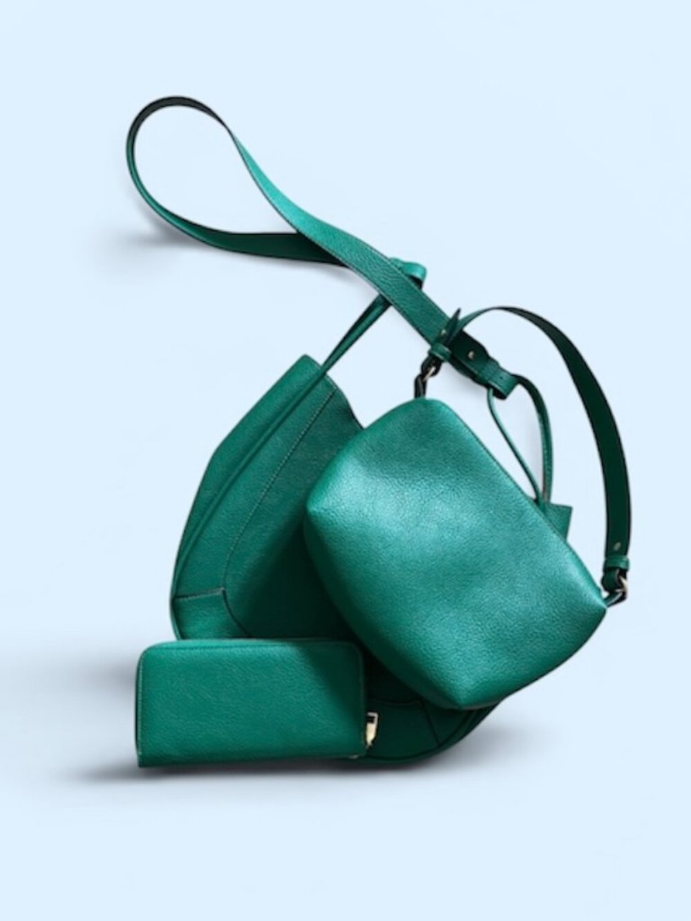 THREE (3) AWESOME MATCHING GREEN PU LEATHER BAGS! Crossbody, Handbag and Wallet